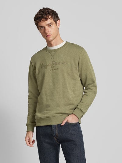 Pepe Jeans Sweatshirt met labelstitching, model 'Nouvel' Olijfgroen - 4