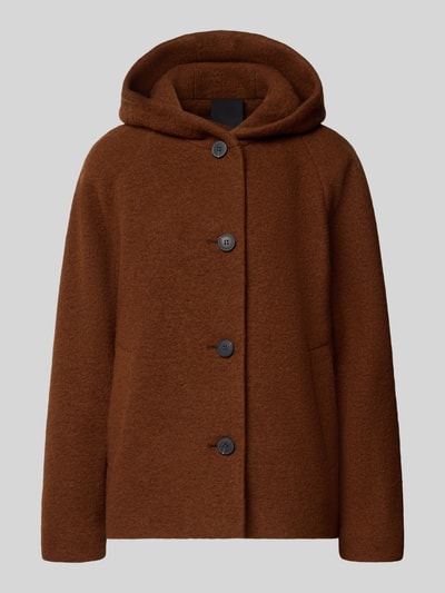 Produktfoto, Regular Fit Jacke aus Woll-Mix mit Kapuze von FUCHS SCHMITT, braune Farbe, strukturierte Oberfläche, sichtbare Knopfleiste, neutraler Hintergrund, Damen Jacke, Maße: Rückenlänge 66 cm, Schulterbreite 45 cm, Brustweite 57 cm, Ärmellänge 50 cm.