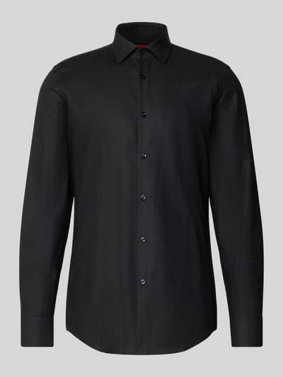 Produktfoto, Slim Fit Freizeithemd aus reiner Baumwolle Modell 'KENNO' von HUGO in Schwarz mit feinem Strukturmuster, Kentkragen und Langarm