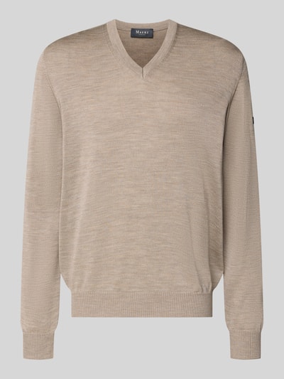 Produktfoto, Strickpullover aus Schurwolle mit V-Ausschnitt van MAERZ Muenchen in beige, regular fit, labeldetail, zuivere scheerwol.