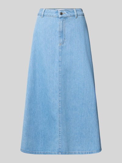 Produktfoto, Maxirock in Denim-Optik mit Lyocell-Anteil von Comma, A-Linie, hellblauer Baumwoll-Lyocell-Mix, sichtbarer Knopf- und Reißverschluss, strukturierte Fläche, Bundweite 37 cm, Gesamtlänge 87 cm.