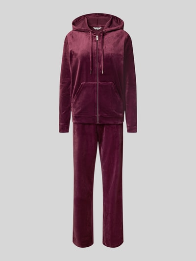 Produktfoto, bordeauxrotes Twinset mit Känguru-Tasche Modell 'MITZA SET' von b.young, Materialmix mit Stretch, regular fit, Jacke mit Kapuze und Kordelzug, Reißverschluss, Hose mit elastischem Bund und Kordelzug, samtartige Textur