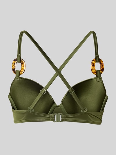 Produktfoto, olivgrünes Bikini-Oberteil mit Zierelementen aus Material-Mix, Rückseite mit überkreuzten, verstellbaren Trägern und Hakenverschluss, Modell 'GUARANA' von DORINA