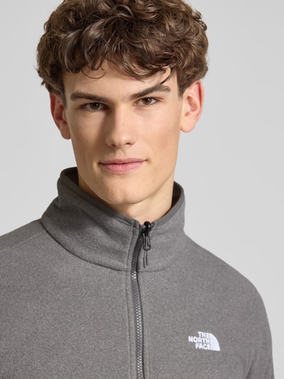 Männermodel trägt Fleecejacke mit Stehkragen Modell 'GLACIER' von The North Face in Grau, Fleece, Nahaufnahme Oberkörper