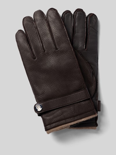 Produktfoto, Lederhandschuhe aus echtem Leder Modell 'Wilhelmshaven' von Roeckl, braun, Strukturmuster, Rippbündchen, Riegel mit Label-Detail