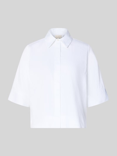 Produktfoto, Boxy Fit Bluse mit verdeckter Knopfleiste von Milano Italy, mieszanka bawełny z dodatkiem streczu, pudełkowy krój, kołnierzyk koszulowy, długość tyłu w rozmiarze 36: 54 cm, długość rękawów w rozmiarze 36: 34 cm, biała, gładka faktura