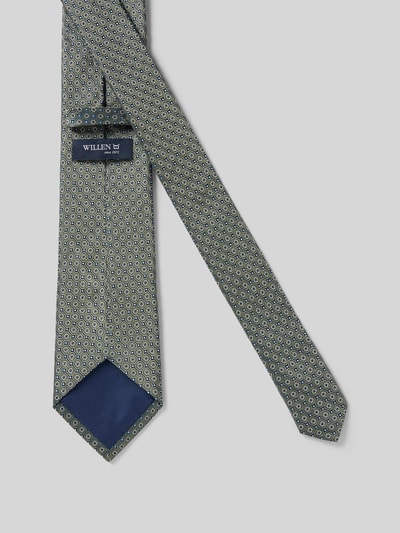 Produktfoto, Krawatte aus reiner Seide mit Label-Detail von Willen, feines geometrisches Muster in Blau und Gelb, klassische Passform, 8 cm breit.