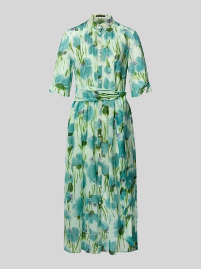 Produktfoto, Midikleid mit Stehkragen und Falten aus Lyocell-Ramie-Mix von Luisa Cerano, grün-blaues florales Muster, A-Linienform, Allover-Look, Knopfleiste, 124 cm Rückenlänge, 44 cm Brustweite, 35 cm Ärmellänge, strukturierte Oberfläche