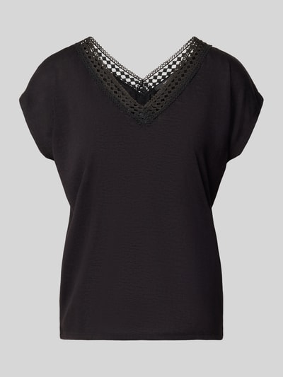Produktfoto, Regular Fit T-Shirt aus Viskose-Mix mit Loch-Stitching von zero in zwart, semi-transparant, V-hals, ruglengte maat 36: 48 cm