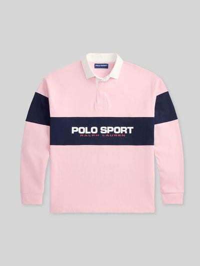 Produktfoto, Regular Fit Poloshirt aus reiner Baumwolle von Polo Ralph Lauren in Rosa und Dunkelblau, unifarben, langarm, Piqué-Textur, Label-Schriftzug