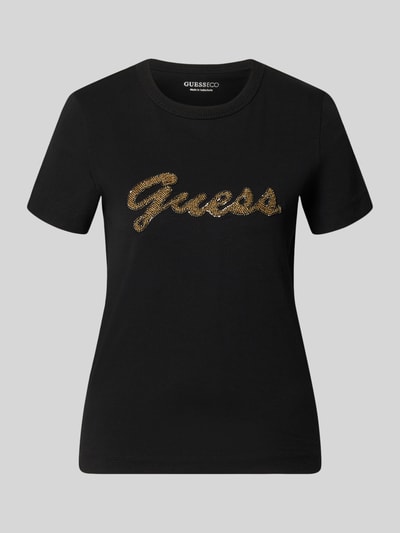 Produktfoto, T-Shirt mit Logo aus Perlen von GUESS, schwarze Reine Baumwolle, Regular-Fit, Rundhalsausschnitt, Rückenlänge 58 cm Größe S