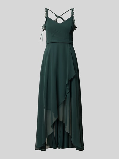 Produktfoto, Cocktailkleid aus Chiffon mit Volants von V.M., A-Linie, Midikleid in Dunkelgrün, fließende Textur, Vorderansicht, V-Ausschnitt, Drapierungen