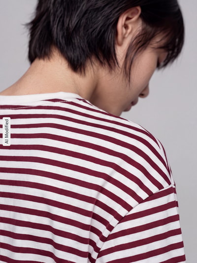 Frauenmodel trägt Regular Fit Langarmshirt aus Baumwoll-Mix Modell 'ADIE' von Pieces im Two Tone Streifenlook, Feinrippstruktur, Nahaufnahme Rückansicht, KI-modifiziertes Bild.