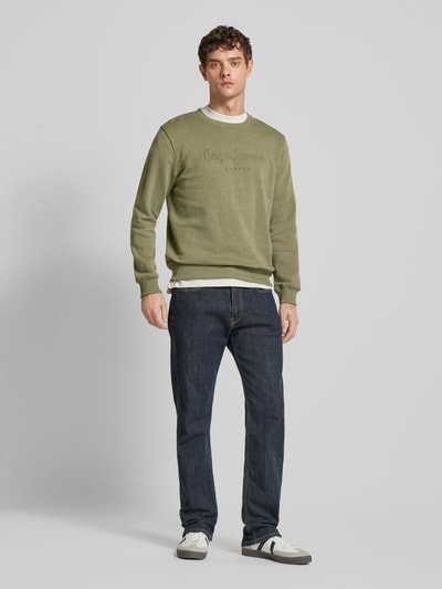 Pepe Jeans Sweatshirt met labelstitching, model 'Nouvel' Olijfgroen - 1