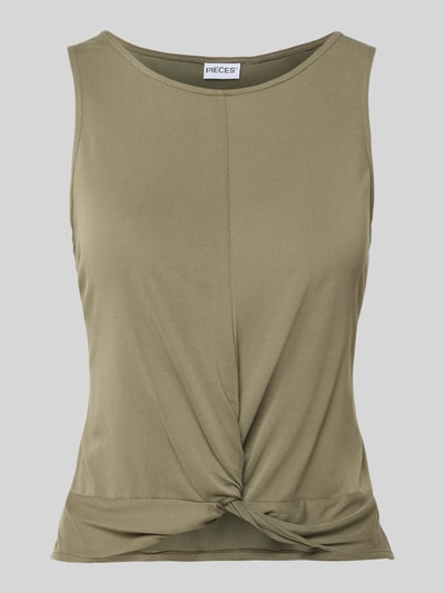 Produktfoto, olivgrünes Regular-Fit Top aus Viskose-Mix Modell 'ANORA' von PIECES für Damen, glatte Textur mit Knoten-Detail vorn.
