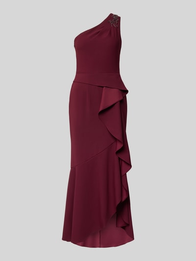 Produktfoto, Midikleid mit Ziersteinbesatz von Adrianna Papell in Dunkelrot mit Rüschen, One-Shoulder-Design, taillierte Passform, elastischer Material-Mix