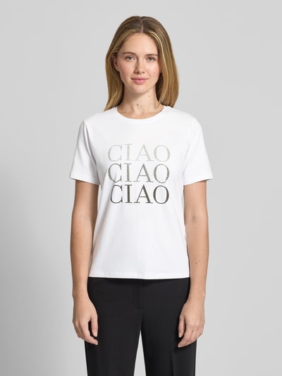 Vrouwenmodel draagt T-shirt met Print en Ziersteinbesatz van Comma, katoenmix met modal, regular fit, witte kleur, ruglengte bij maat 36: 57 cm, vooraanzicht bovenlichaam