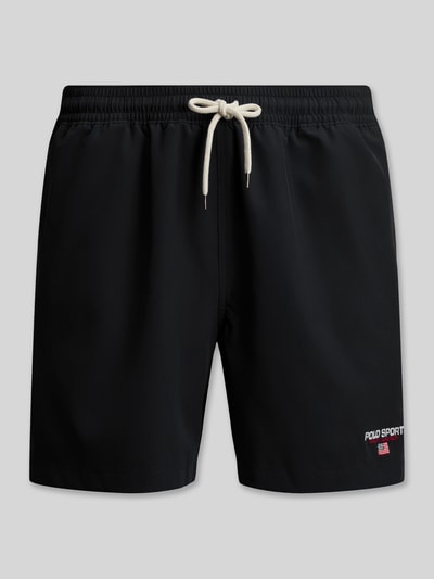 Produktfoto, Badeshorts mit Label Stitching von Polo Ralph Lauren, unifarben schwarz, elastischer Bund mit Tunnelzug, seitliche Taschen, Gesäßtasche, glatte Textur