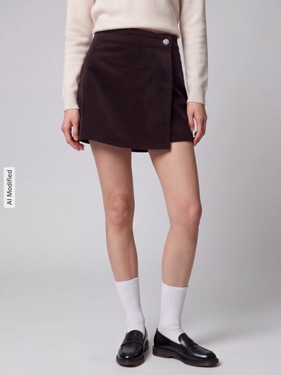 Frauenmodel trägt Regular Fit Short-Rock aus Baumwoll-Mix Modell 'ZEVA' von ONLY in Uni-Optik mit Zierknopf, Cordstruktur, Nahaufnahme Unterkörper, KI-modifiziertes Bild.