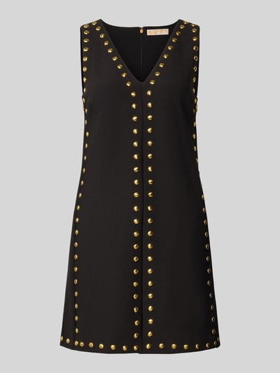 Produktfoto, Regular Fit Minikleid mit Nietenbesatz von MICHAEL Michael Kors, schwarz mit goldfarbenem Obszycie nitami, elastyczna mieszanka materiałów, Dekolt w serek, krój bez rękawów, Długość tyłu w rozmiarze S: 78 cm, Szerokość w rozmiarze S: 43 cm, Długość rękawów w rozmiarze S: 24 cm