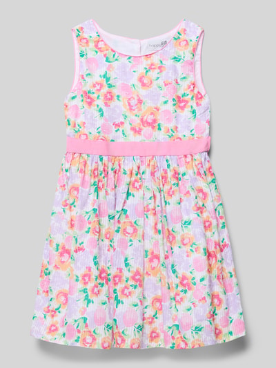 Produktfoto, Regular Fit Kleid mit floralem Allover-Print von Happy Girls aus reiner Baumwolle, ärmellos, mit Falten-Optik, Rundhalsausschnitt, bunte Blumenfarben auf weißem Untergrund, zarte Struktur.