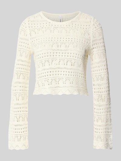 Produktfoto, Cropped Strickpullover aus Baumwoll-Mix Modell 'ELKE' von ONLY, Optik: Unifarben, Passform: Boxy-Fit, Lochstrickmuster