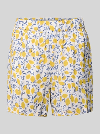 Productfoto, Regular Fit Shorts uit zuiver viscose model 'BARRI' van Pieces, all-over bloemenmotief in geel en blauw, elastische boord, zij-steekzakken, dames short