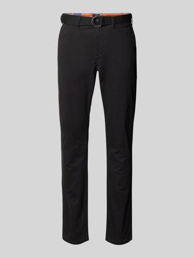 Productfoto, Slim Fit Stoffhose met Franse steekzakken van MCNEAL, mix van katoen en elastaan, effen design, zwarte stof, stoffen riem, knoop- en ritssluiting, achterzakken, bandwijdte maat 50: 44 cm, binnenbeenlengte maat 50: 81 cm.
