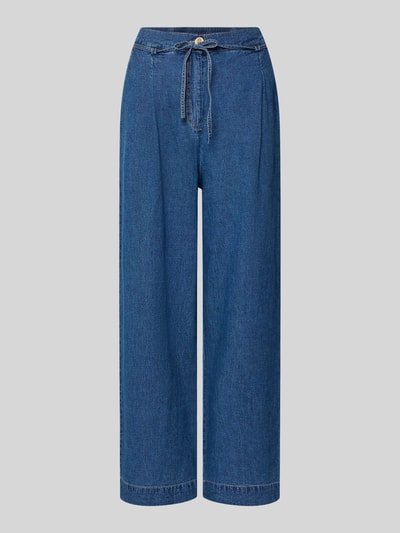 Produktfoto, Wide Leg Jeans aus Leinen-Baumwoll-Mix mit Bindegürtel von Christian Berg Woman, blauer Stoff, ausgestellter Schnitt, Knopf-Reißverschluss, Gesäßtasche, Bundweite 38 cm, Innenbeinlänge 64 cm, Damen Jeans.