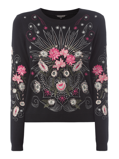 Review Sweter z haftami kwiatowymi Czarny 2