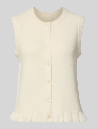 Produktfoto, cremefarbene Strickweste mit Rundhalsausschnitt Modell 'Frilana' von mbyM, Regular Fit, Woll-Materialmix, Knopfleiste, 50 cm Rückenlänge