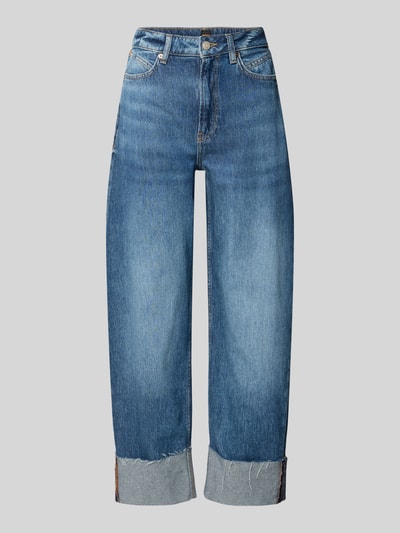 Produktfoto, Relaxed Fit Jeans aus reiner Baumwolle Modell 'C_BALLOON HR FUP' von BOSS Orange in blauer Denim-Optik mit Kontrastnähten, 5-Pocket-Design, fixiertem Umschlag und Label Patch.