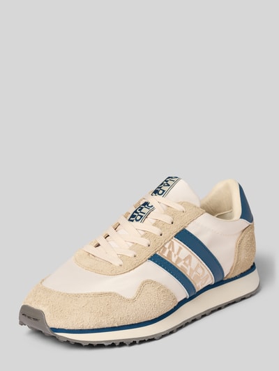 Produktfoto, Sneaker aus Leder-Textil-Mix Modell 'SHARD' von Napapijri in Beige und Blau mit Label-Details, abgerundete Spitze, Schnürung.