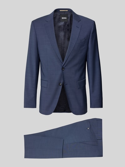 Produktfoto, blauer Slim Fit Anzug aus reiner Schurwolle Modell 'H-HUGE-2PCS-253' von BOSS mit feinem Allover-Muster auf neutralem Hintergrund, Zweiteiler mit Sakko und Hose, klassische Formen und leichte Struktur