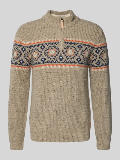 RAGMAN Sweter z mieszanki wełny z norweskim wzorem i kołnierzem zapinanym Jasnoszary 2
