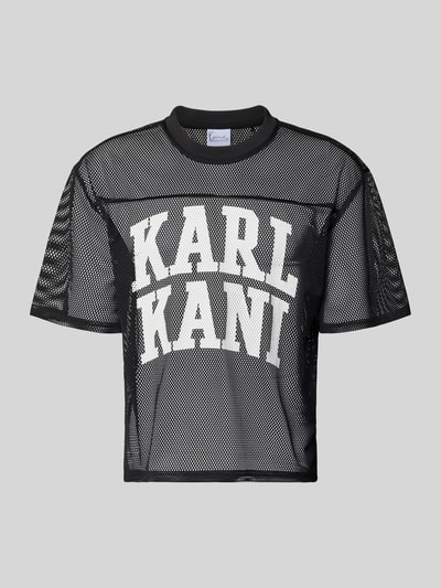 Produktfoto, Oversized T-Shirt mit Logo-Print von KARL KANI aus schwarzem Mesh mit weißem Logo-Print, Rundhalsausschnitt, Oversized-Fit, Rückenlänge bei Größe M 66 cm