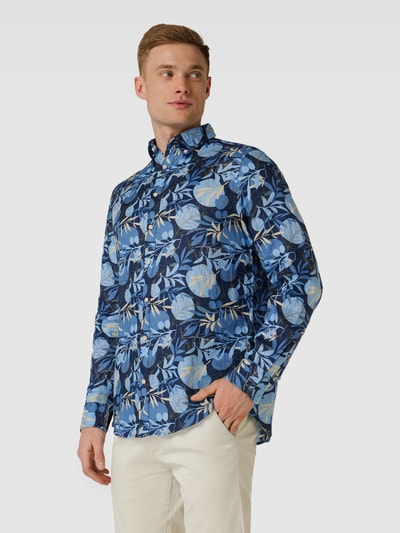 Christian Berg Men Regular fit linnen overhemd met all-over bloemenprint Marineblauw - 4