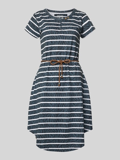 Produktfoto, Knielanges T-Shirt-Kleid mit Bindegürtel von G.I.G.A. DX aus Reine Baumwolle, Gerader-Schnitt, Rundhalsausschnitt, Knopfleiste, gestreiftes Muster