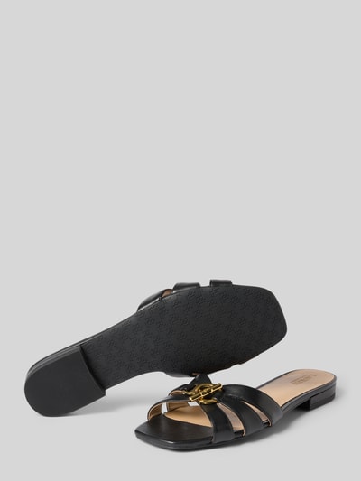 Produktfoto, Pantoletten aus echtem Leder Modell 'BLAIKE SLIDE' von Lauren Ralph Lauren, czarne, skóra gładka, kwadratowy nosek, blokowy obcas, metaliczne akcenty, tłoczone logo, otwarty krój, strukturyzowana podeszwa