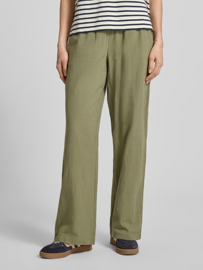 Frauenmodel trägt Weite Hose aus Baumwoll-Leinen-Mix Modell 'CAIA' von Vero Moda, Optik: Unifarben, Passform: Wide Leg, Tunnelzug, Bundabschluss: Elastisch, seitliche Eingrifftaschen, glatte Struktur, Ganzkörperansicht von vorne.