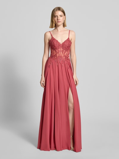Kobiece modelka nosi długa sukienka 'Maxikleid mit Stitchings und Ziersteinbesatz' od Luxuar z szyfonu, taliowany krój, hafty, obszycie ozdobnymi kamieniami, zamek błyskawiczny z tyłu, długość tyłu w rozmiarze 36: 126 cm, szerokość w rozmiarze 36: 41 cm, widok całej sylwetki od przodu.