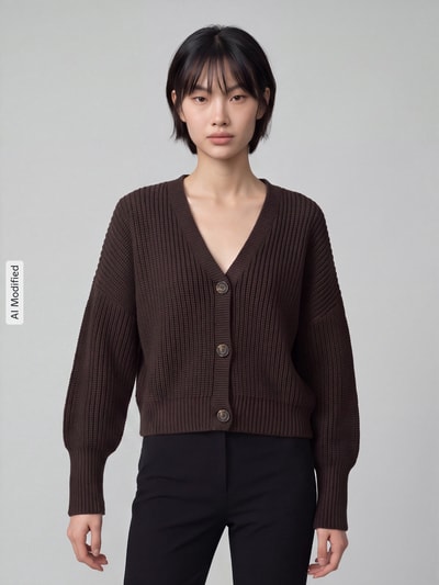 VERO MODA kardigan rozpinany o kroju oversized z dekoltem w serek model 'LEA' Czekoladowy 4