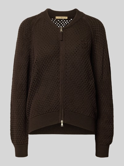 Produktfoto, Oversized Strickjacke mit Lochmuster Modell 'Bomber' von Smith and Soul in Dunkelbraun, Baumwoll-Mix, gerippte Abschlüsse, Zweiwege-Reißverschluss, Rundhalsausschnitt