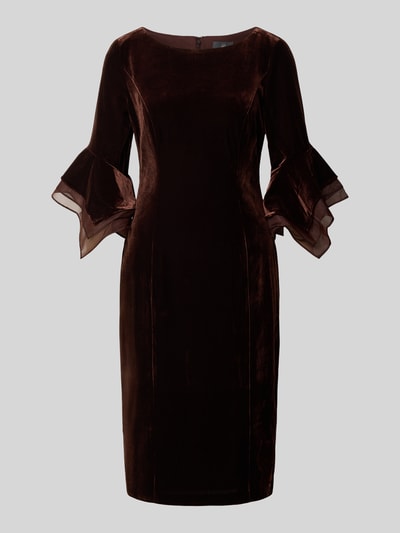 Produktfoto, Abendkleid aus Samt mit Rundhalsausschnitt von Adrianna Papell in Dunkelbraun, taillierte Passform, rückseitiger Reißverschluss, Stretch-Anteil, Material-Mix, knielang, lange Ärmel mit ausgestellten Manschetten