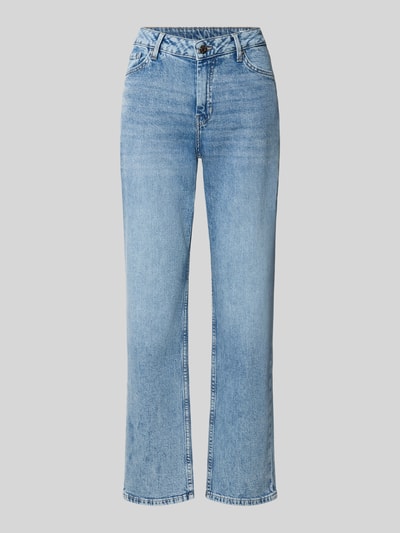 Produktfoto, blaue Straight Fit Jeans aus Baumwoll-Mix Modell 'KAROLIN' von s.Oliver RED LABEL mit sichtbarer Struktur vor weißem Hintergrund. Damen Straight Fit Jeans von s.Oliver RED LABEL