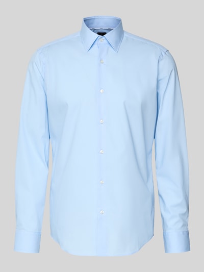 Produktfoto, Slim Fit Businesshemd aus Popeline mit Stretch-Anteil von BOSS im hellblauen Baumwoll-Elasthan-Mix, Kentkragen, durchgehende Knopfleiste, Sportmanschetten, abgerundeter Saum, Easycare, Größe 40: Schulterbreite 48 cm, Ärmellänge 66 cm, Rückenlänge 78 cm