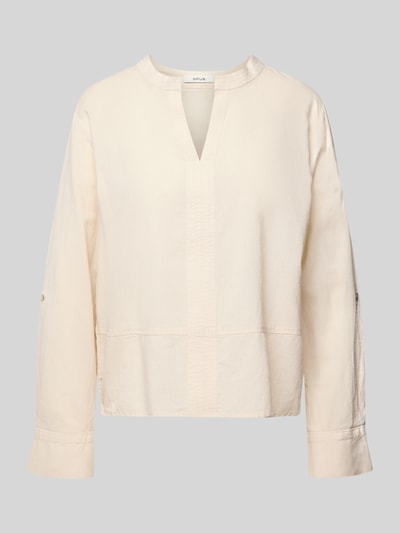 Produktfoto, Regular Fit Bluse mit V-Ausschnitt Modell 'Feleen' von OPUS in Beige, Baumwoll-Mix mit Leinen-Anteil, glatte Struktur, lange Ärmel