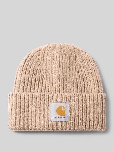 Produktfoto, Beanie aus Woll-Baumwoll-Mix Modell 'ANGLISTIC' von Carhartt Work In Progress, beige, breite Ripp-Optik, Label-Patch vorne