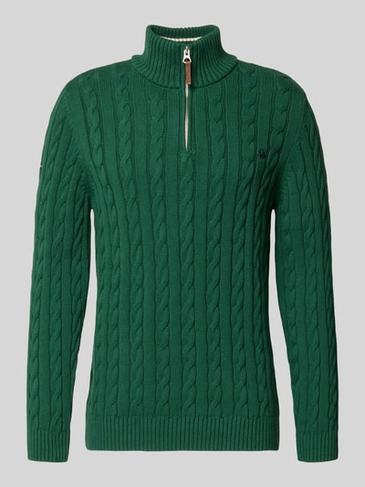 Produktfoto, groene Gebreide pullover uit puur katoen van Superdry met schipperskraag, kabelpatroon, labeldetail, ribboorden, heren