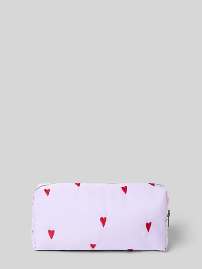 Produktfoto, Etui mit Allover-Motiv-Stitching Modell 'Puffy' von STUDIO NOOS in Helllila mit roten Herzmotiven, Hauptfach mit Reißverschluss, Logo-Detail